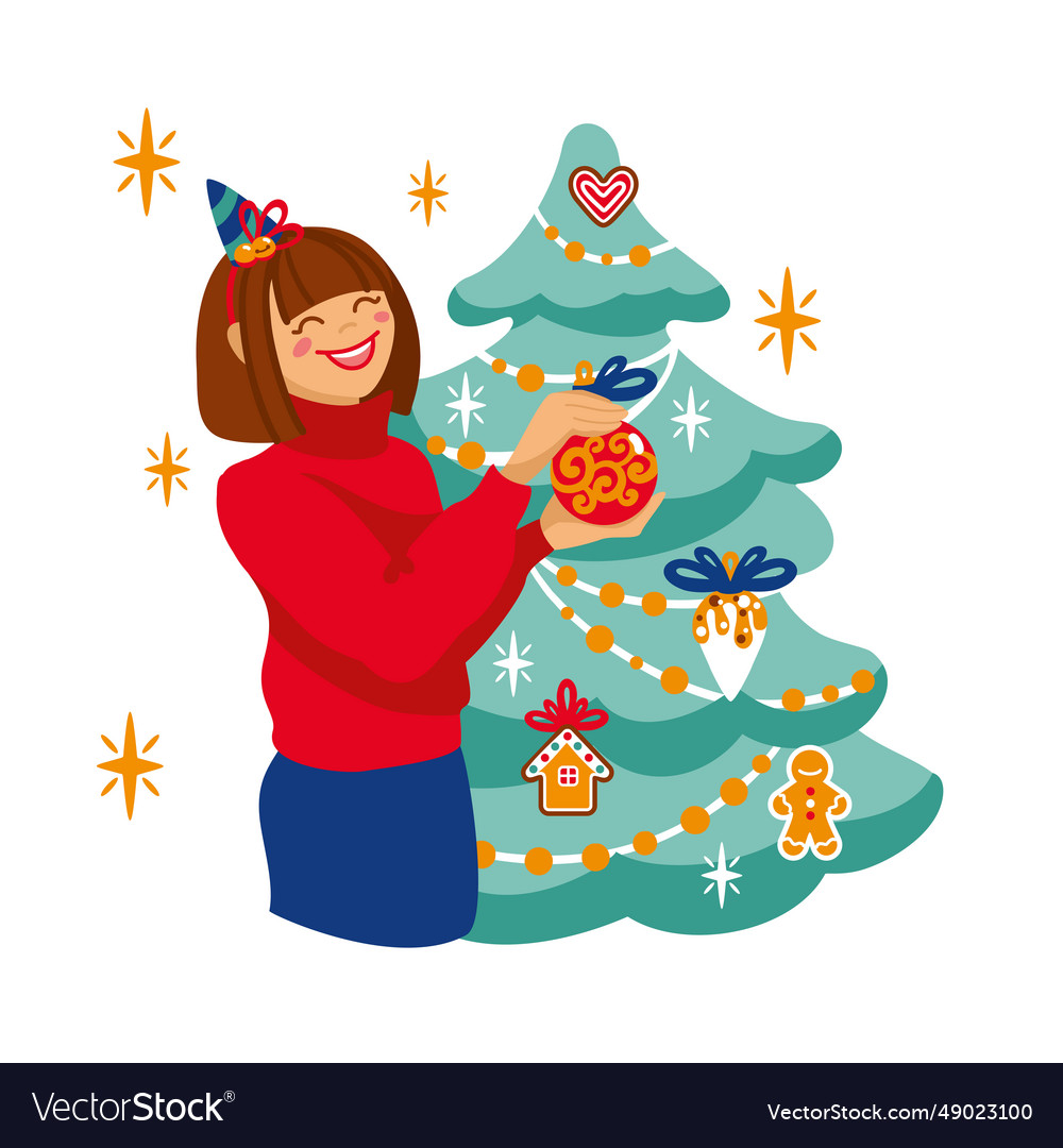 Irl decorates a christmas tree in her house Vector Image