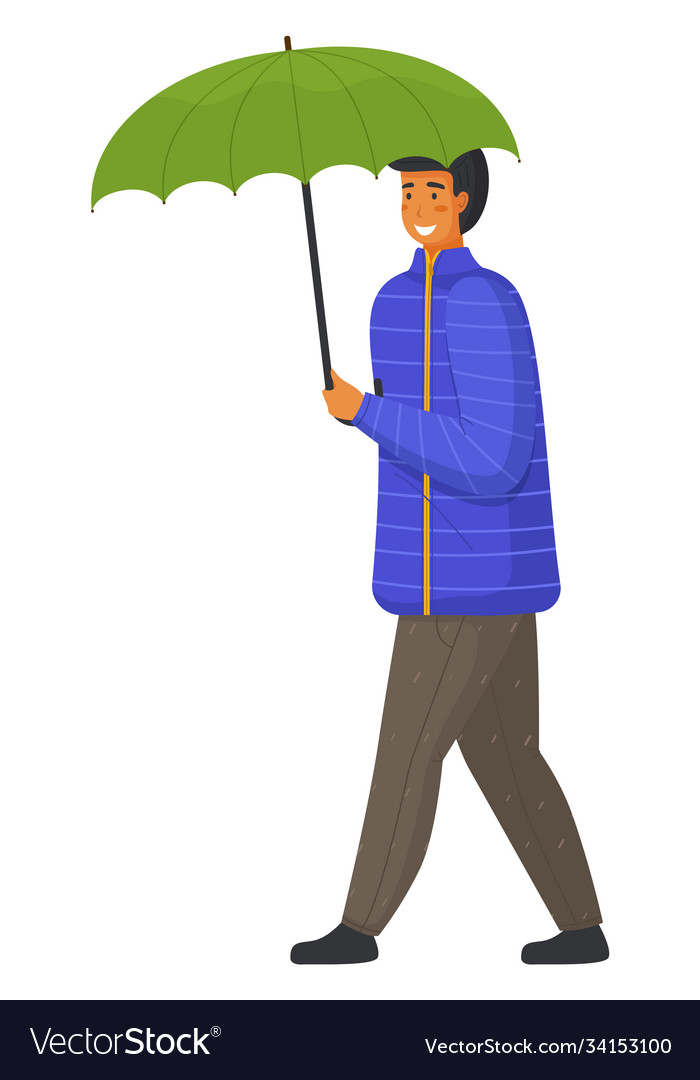 Rainy weather young smiling man with umbrella