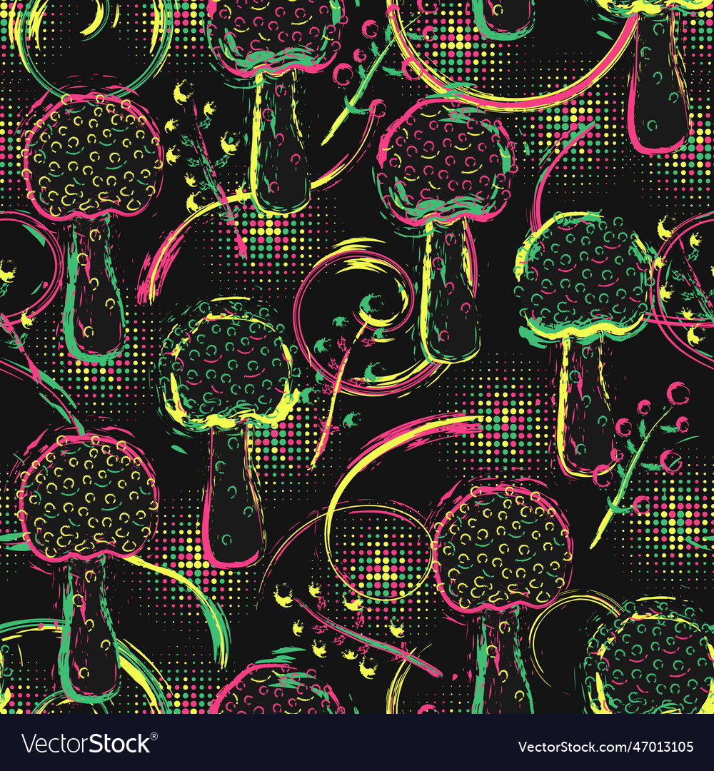 Pattern with neon mushroom amanita in grunge style