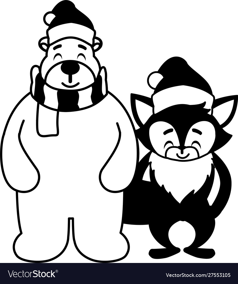 Polar bear and fox with hat in white background