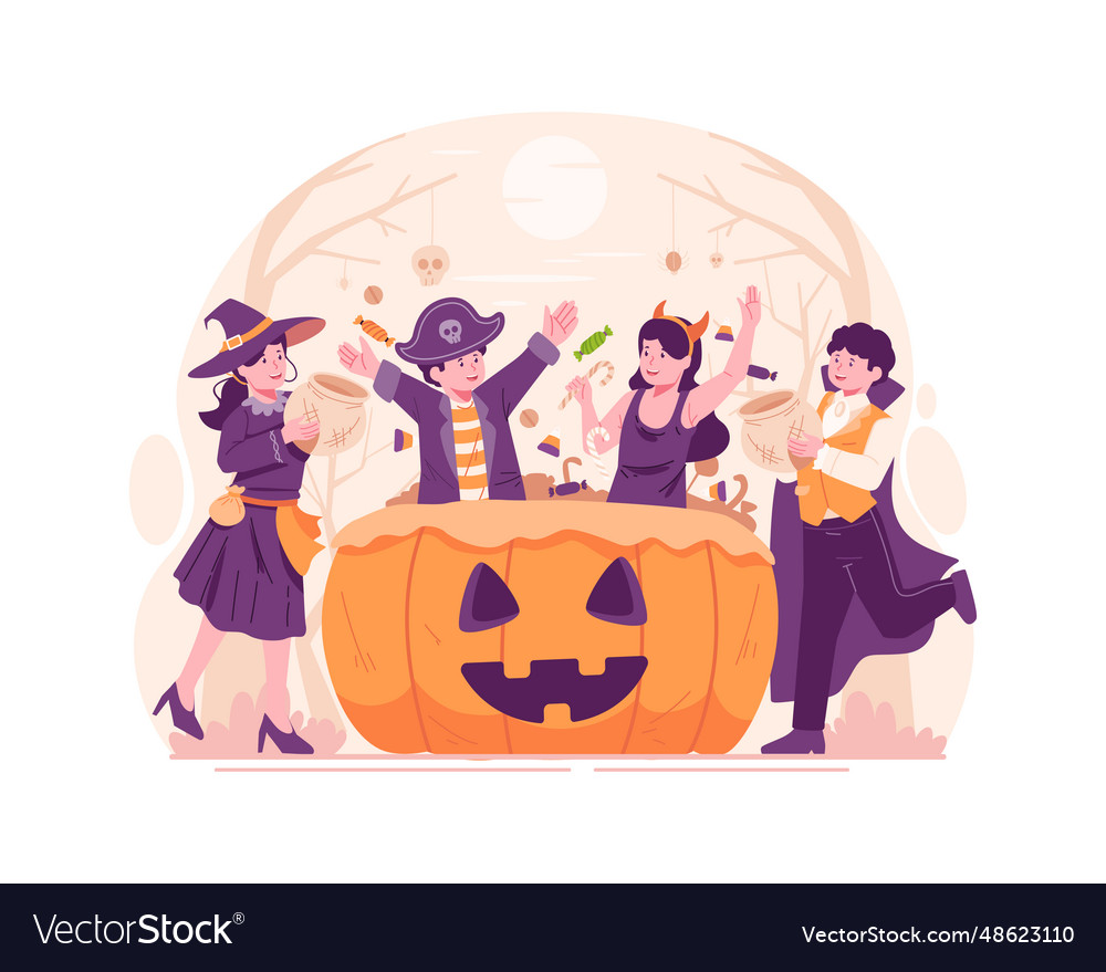 Kids wearing halloween costumes and having fun Vector Image