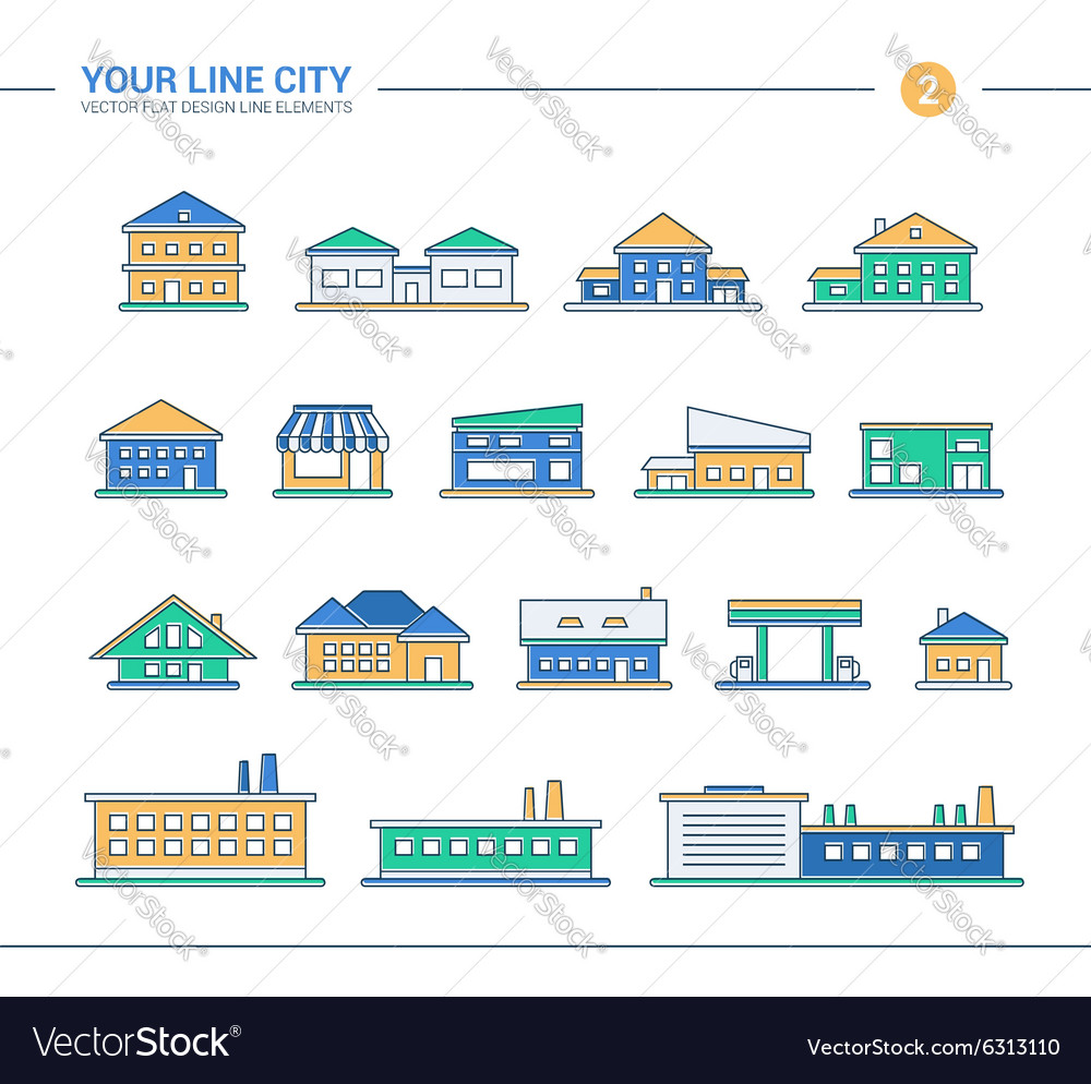 Set of line flat design buildings icons