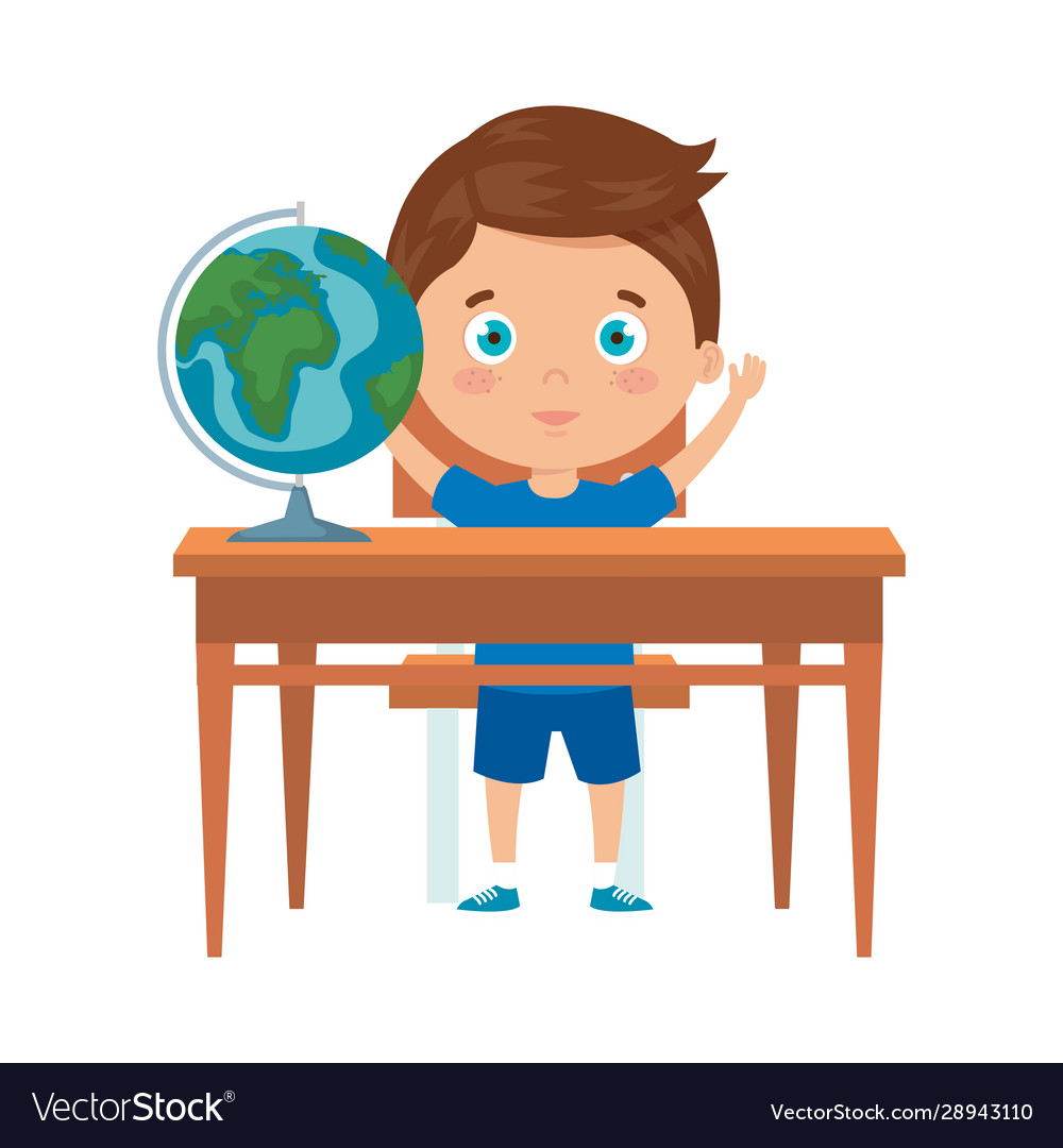 Student boy sitting in school desk on white Vector Image