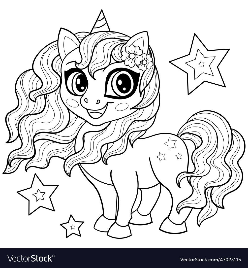 Cute unicorn black and white linear drawing Vector Image