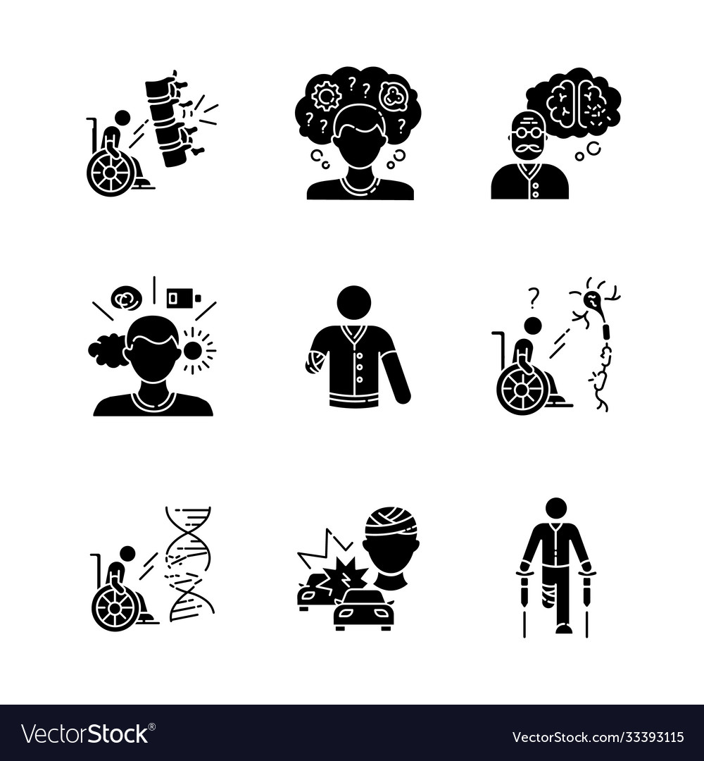 Patient with disability black glyph icons set