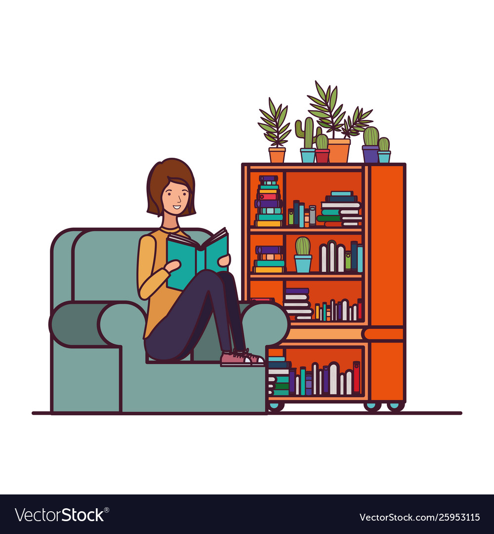 Woman with book in hands living room