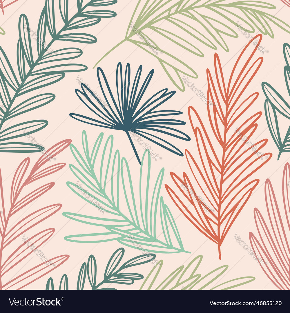 Boho palm leaves line sketch hand drawn seamless