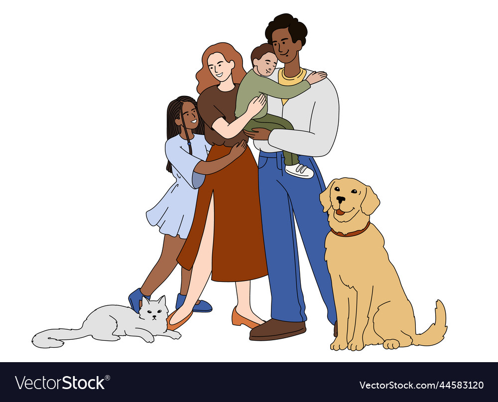 Flat happy family with domestic pets embracing vector image Flat happy family with domestic pets embracing