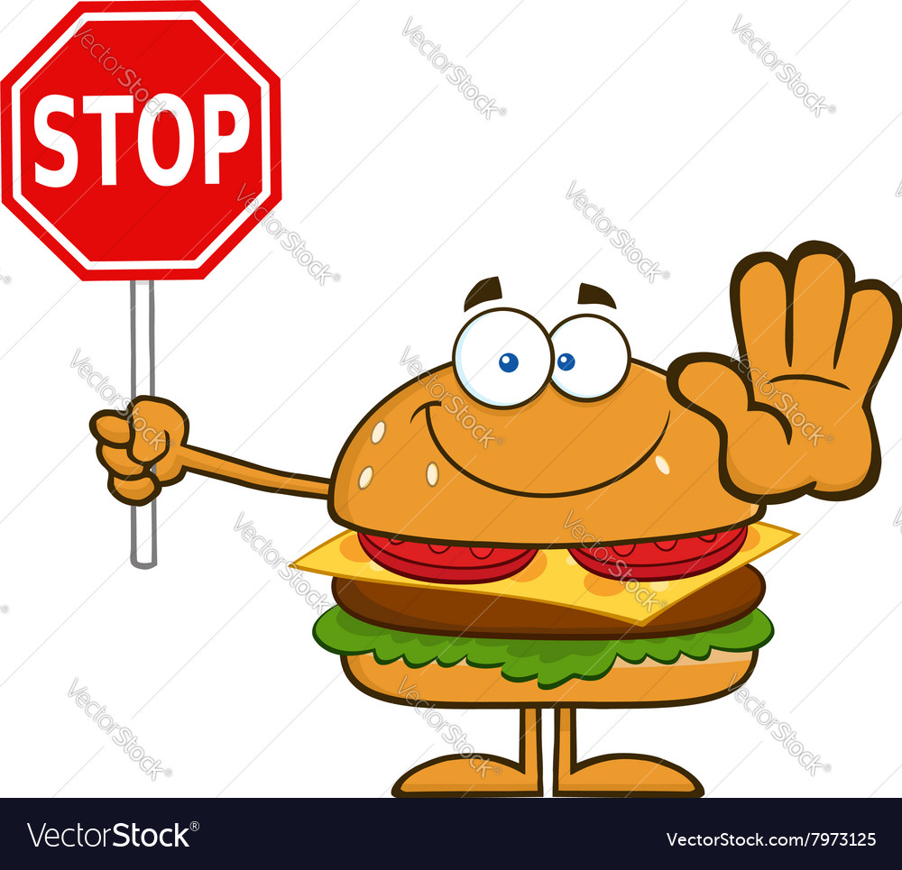 Hamburger cartoon holding a stop sign