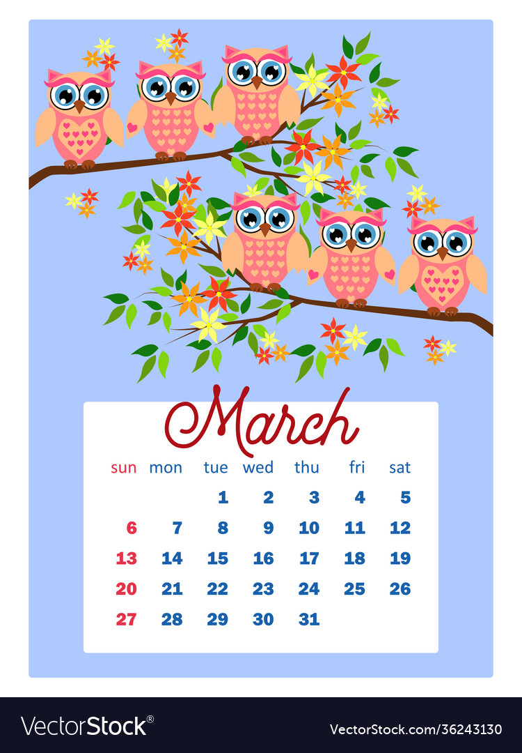 Calendar 2022 cute owls and birds for every month Vector Image