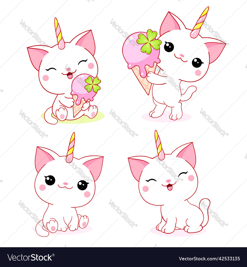 Capricorn set in kawaii style little unicorn cat