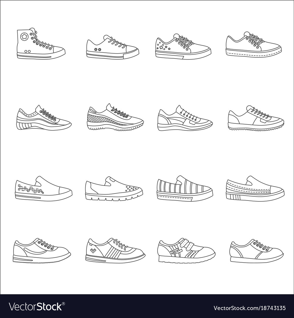 Sneakers shoes outline line stroke icons set Vector Image