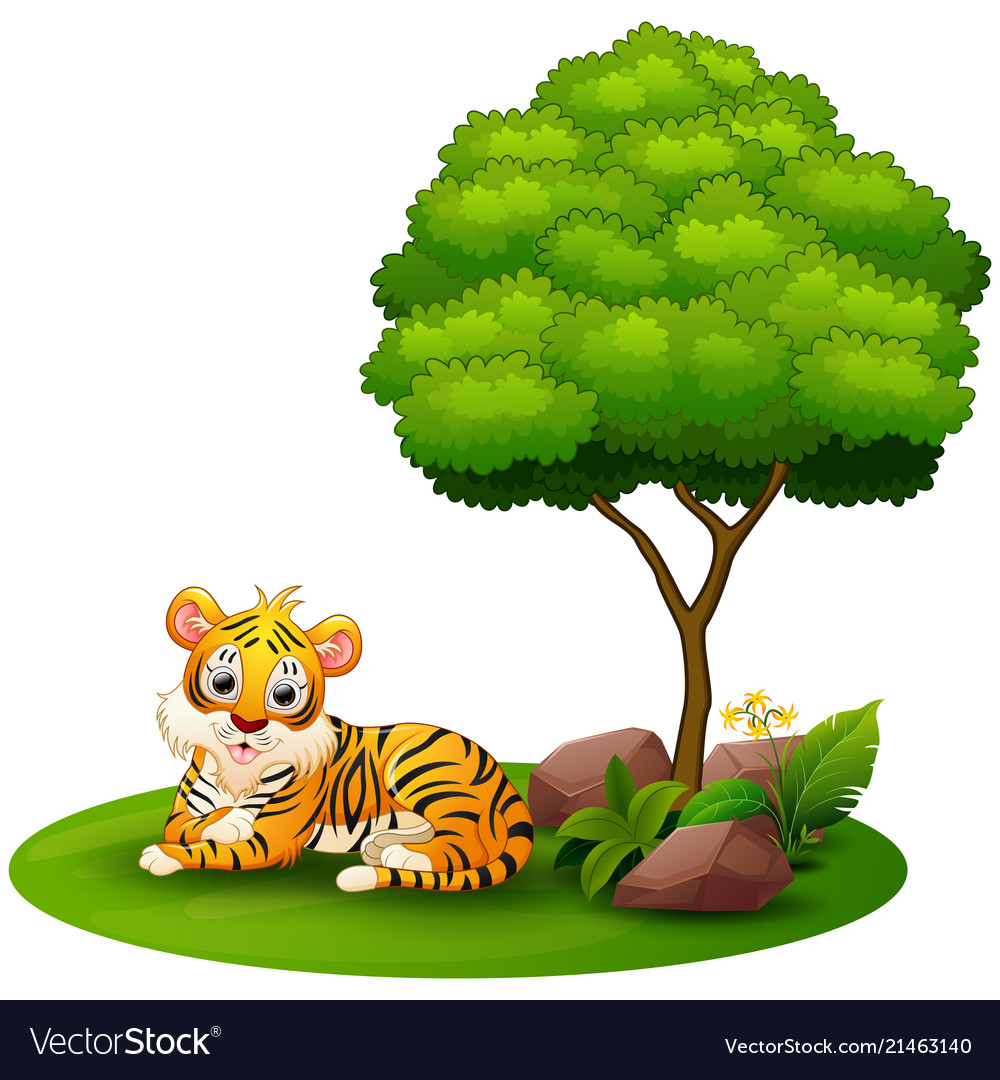 Cartoon tiger lay down under a tree on white bac