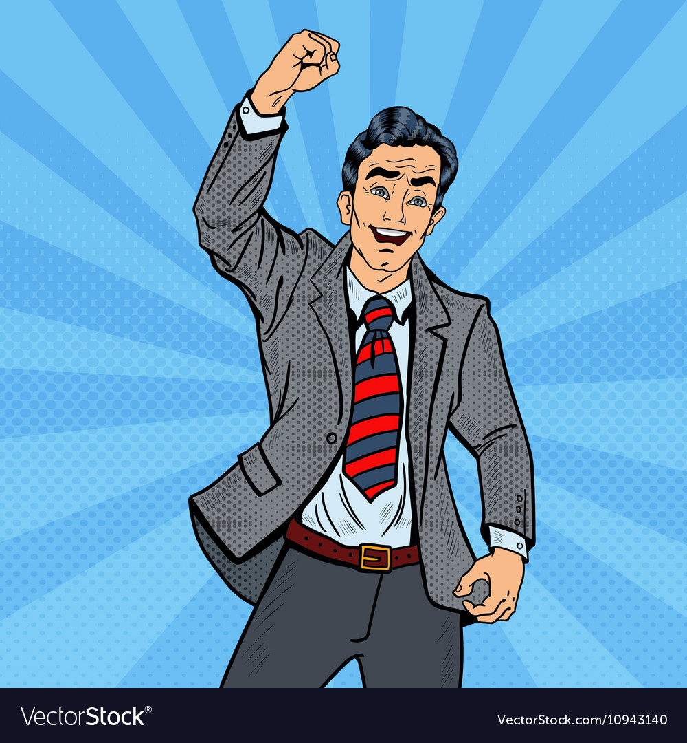 Pop art excited businessman celebrating