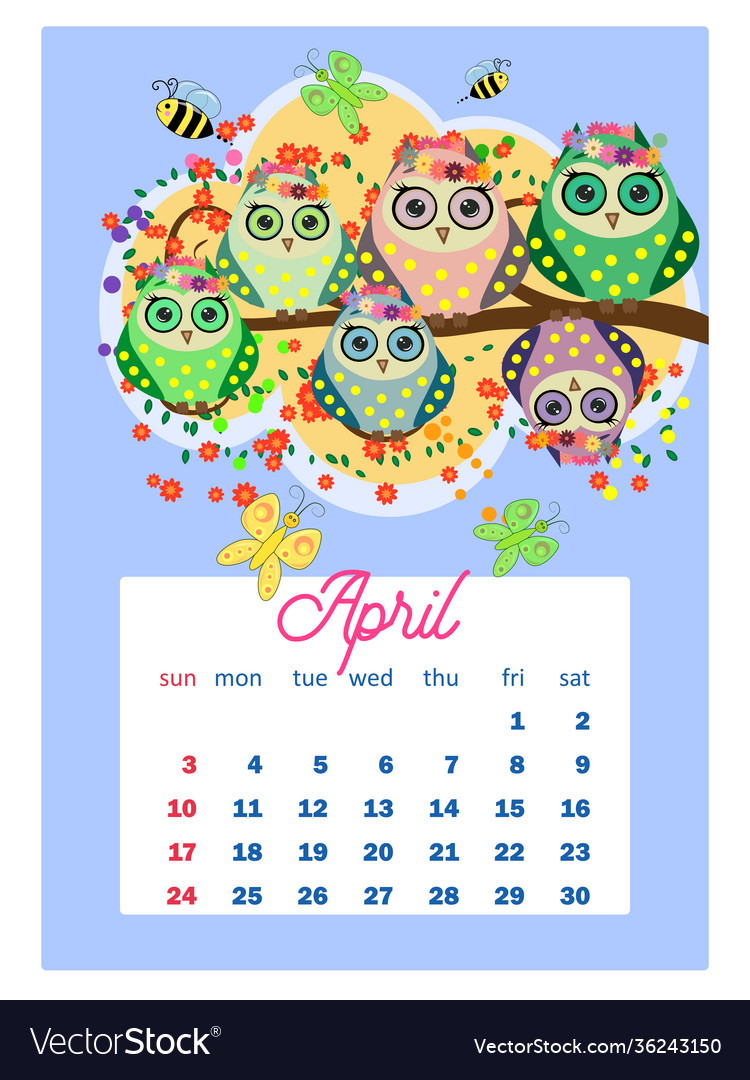 Calendar 2022 cute owls and birds for every month Vector Image