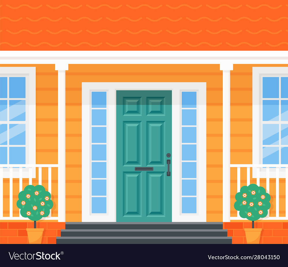 House door front with doorstep and steps, lamp, - vector clip art