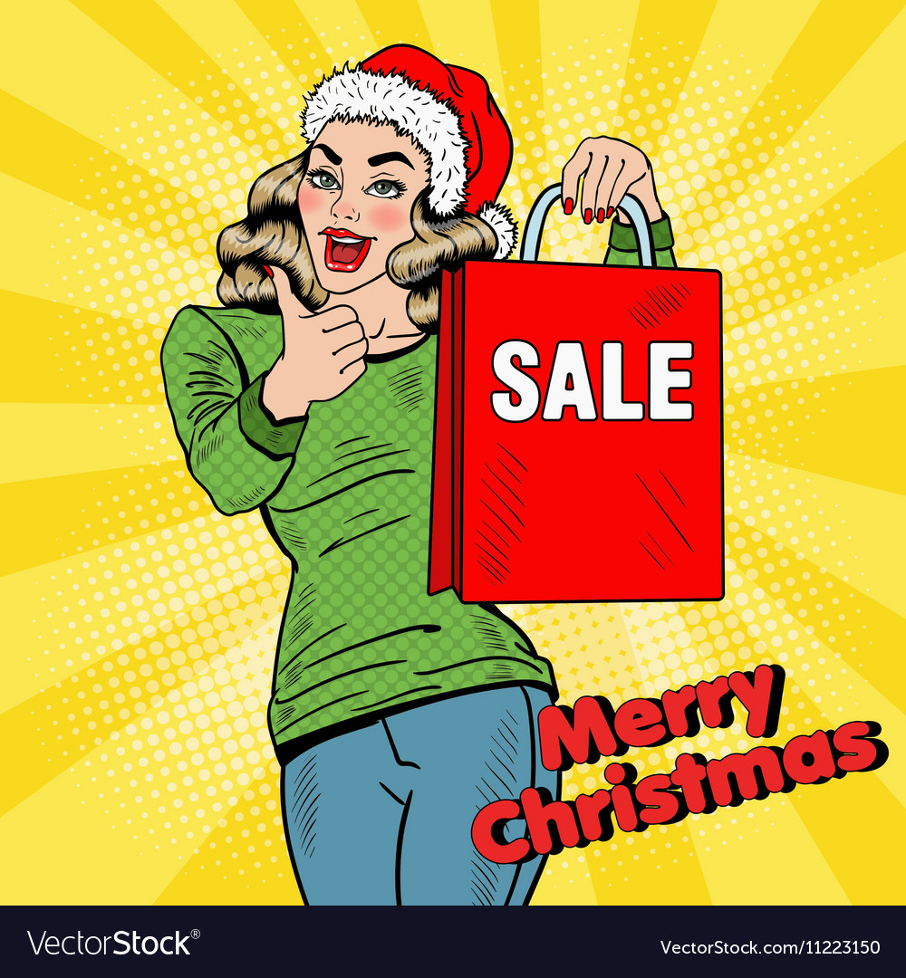 Pop art woman with christmas sale shopping bags