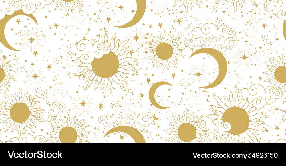 Seamless golden space pattern with sun crescent Vector Image