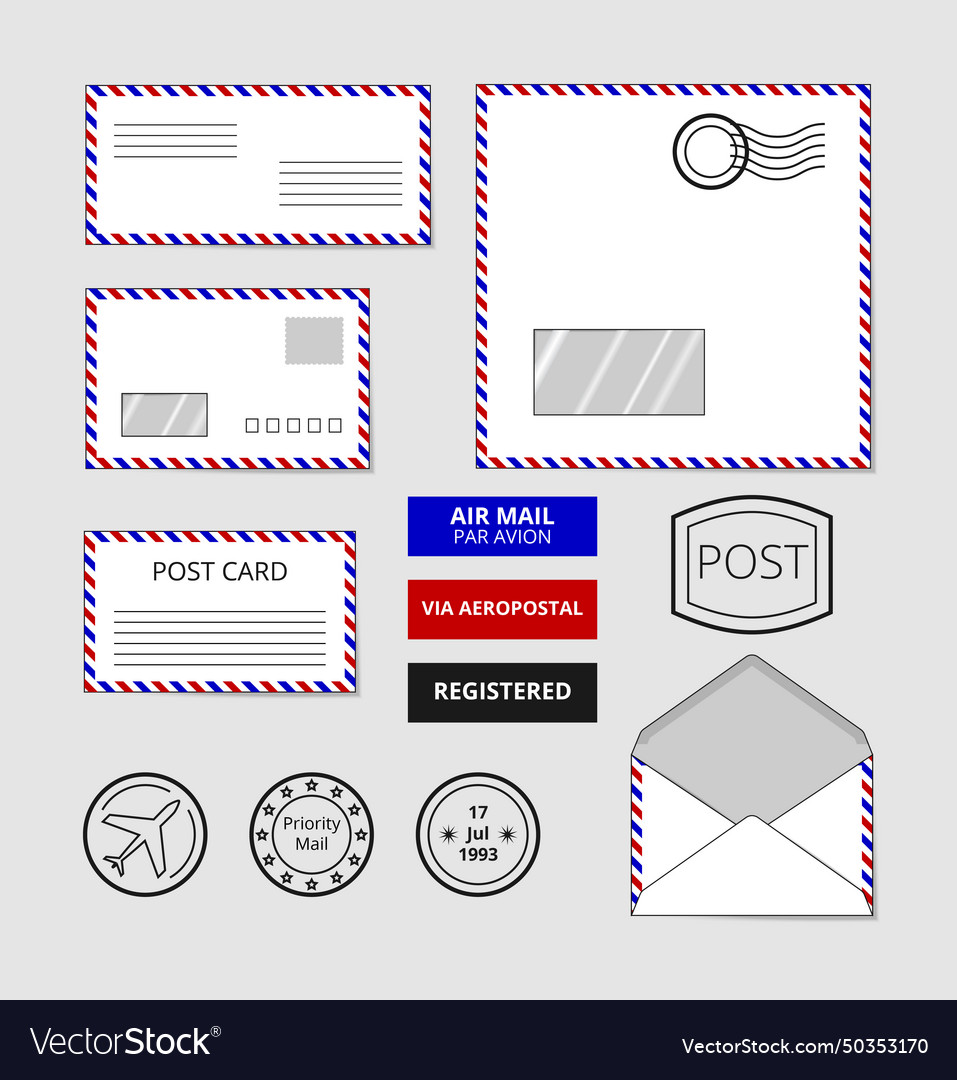 Airmail envelopes postcard and badges set Vector Image