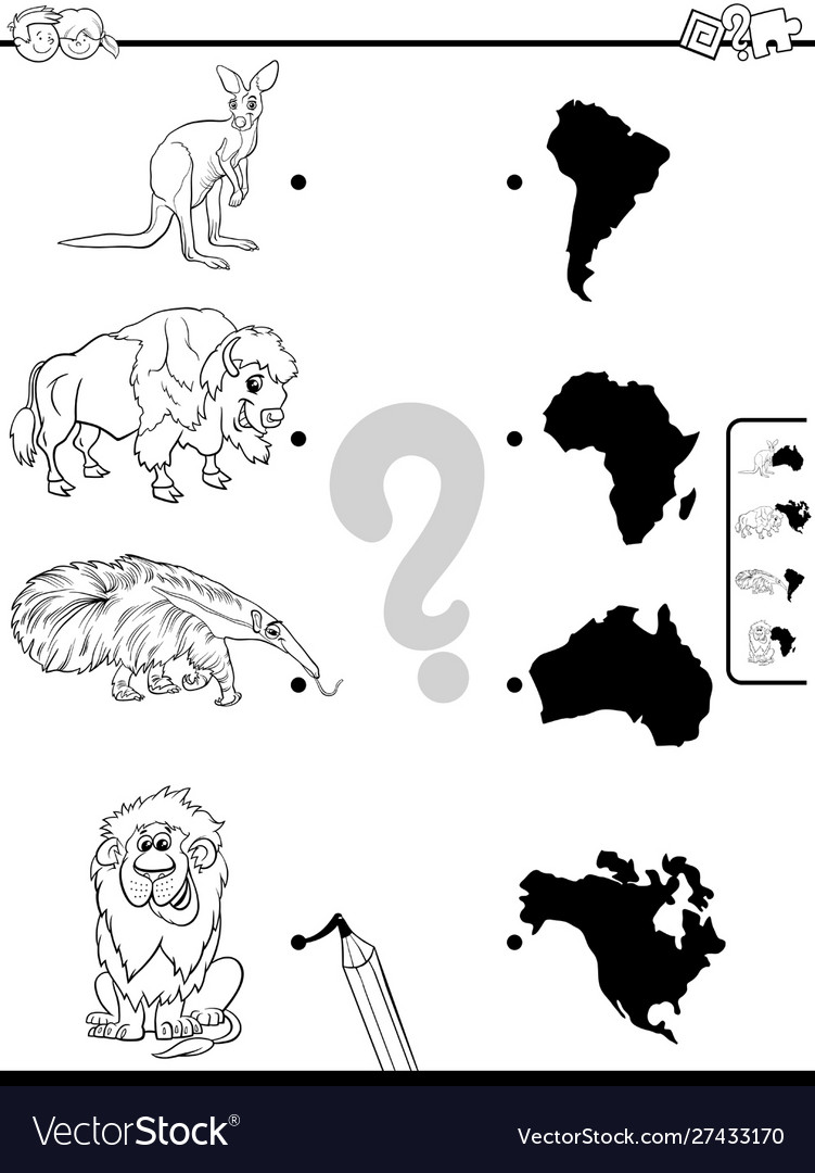 Match animals and continents task color book