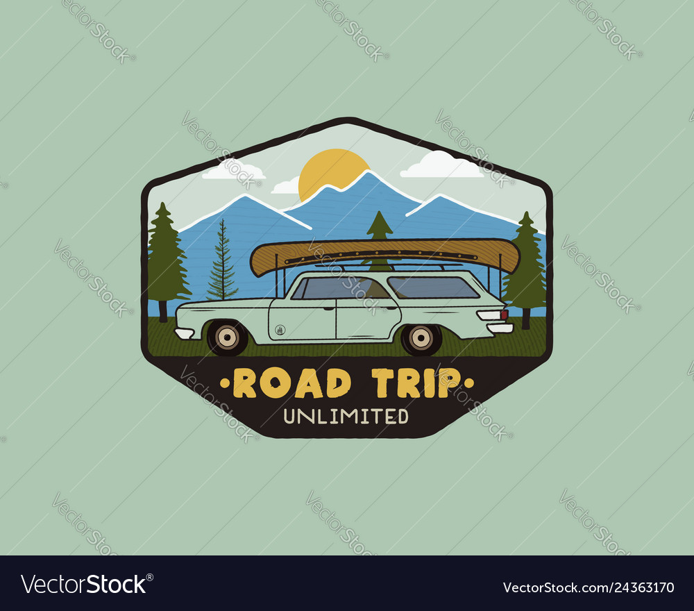 Vintage hand drawn road trip logo patch Royalty Free Vector