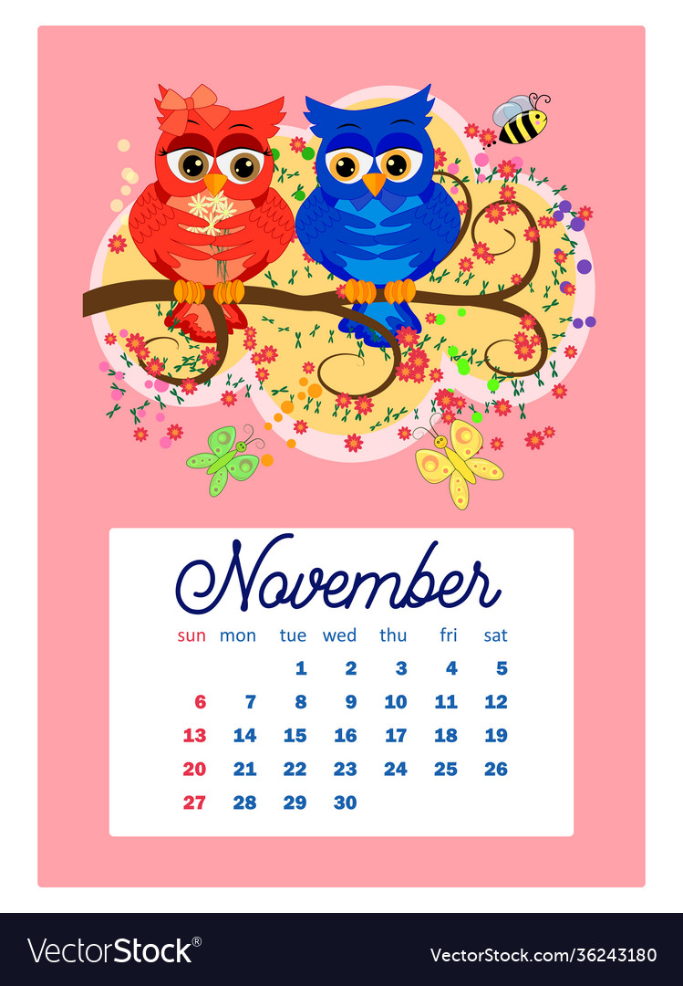 Calendar 2022 cute owls and birds for every month Vector Image