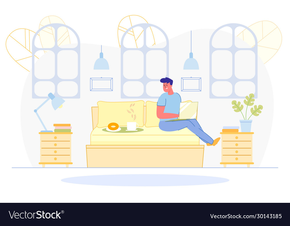 Smiling man on bed with laptop enjoy workplace