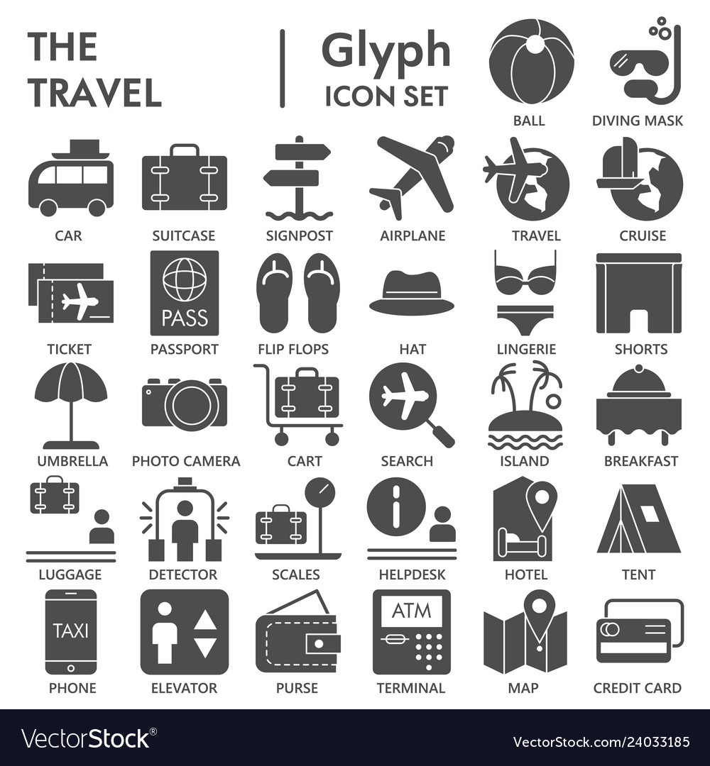 Travel glyph signed icon set vacation symbols