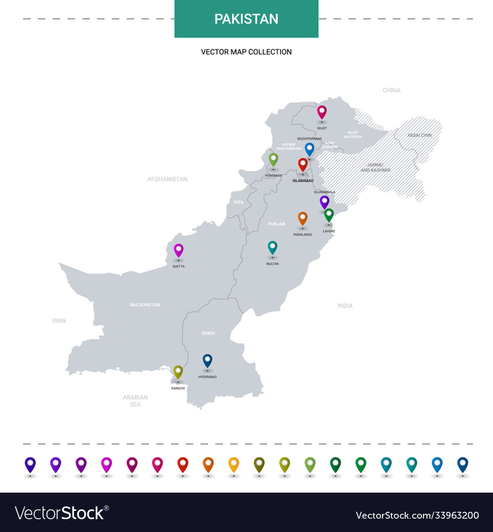 Pakistan map with location pointer marks Vector Image