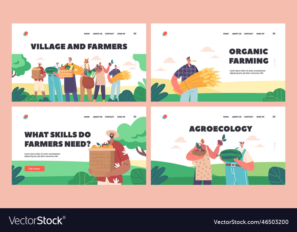 Village and farmers landing page template set Vector Image