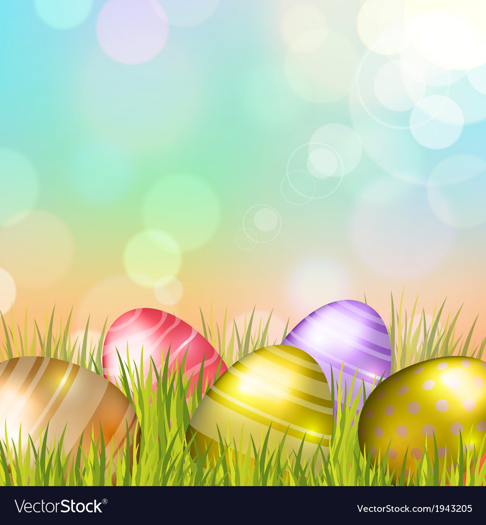 Easter bokeh background with eggs on meadow Vector Image