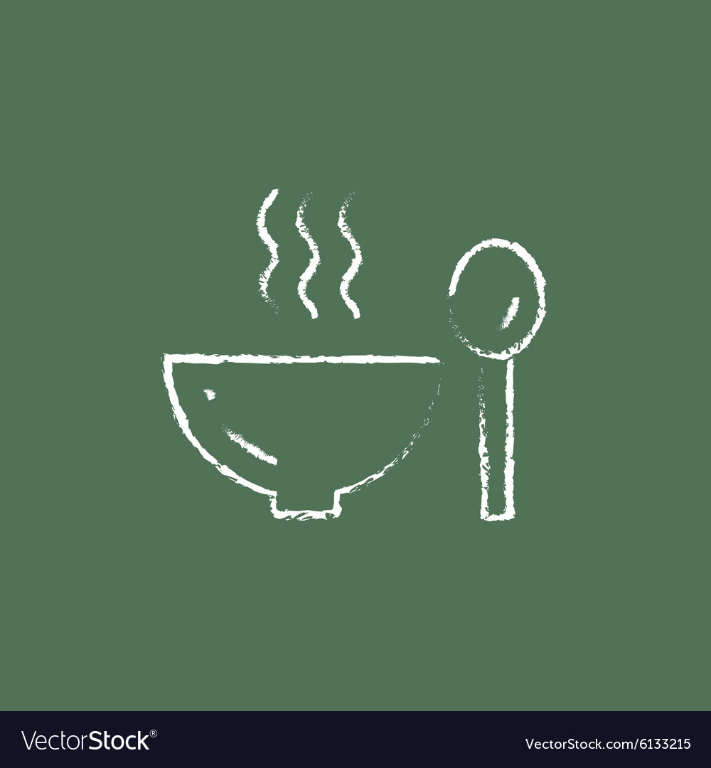 Bowl of hot soup with spoon icon drawn in chalk