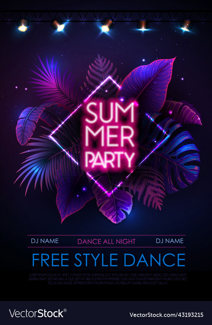 Summer Party Poster With Fluorescent Tropic Leaves