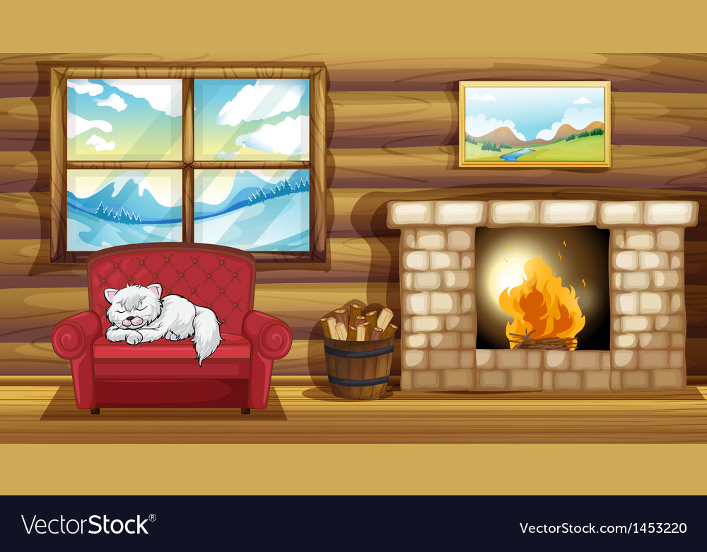 A cat sleeping at the sofa near fireplace Vector Image