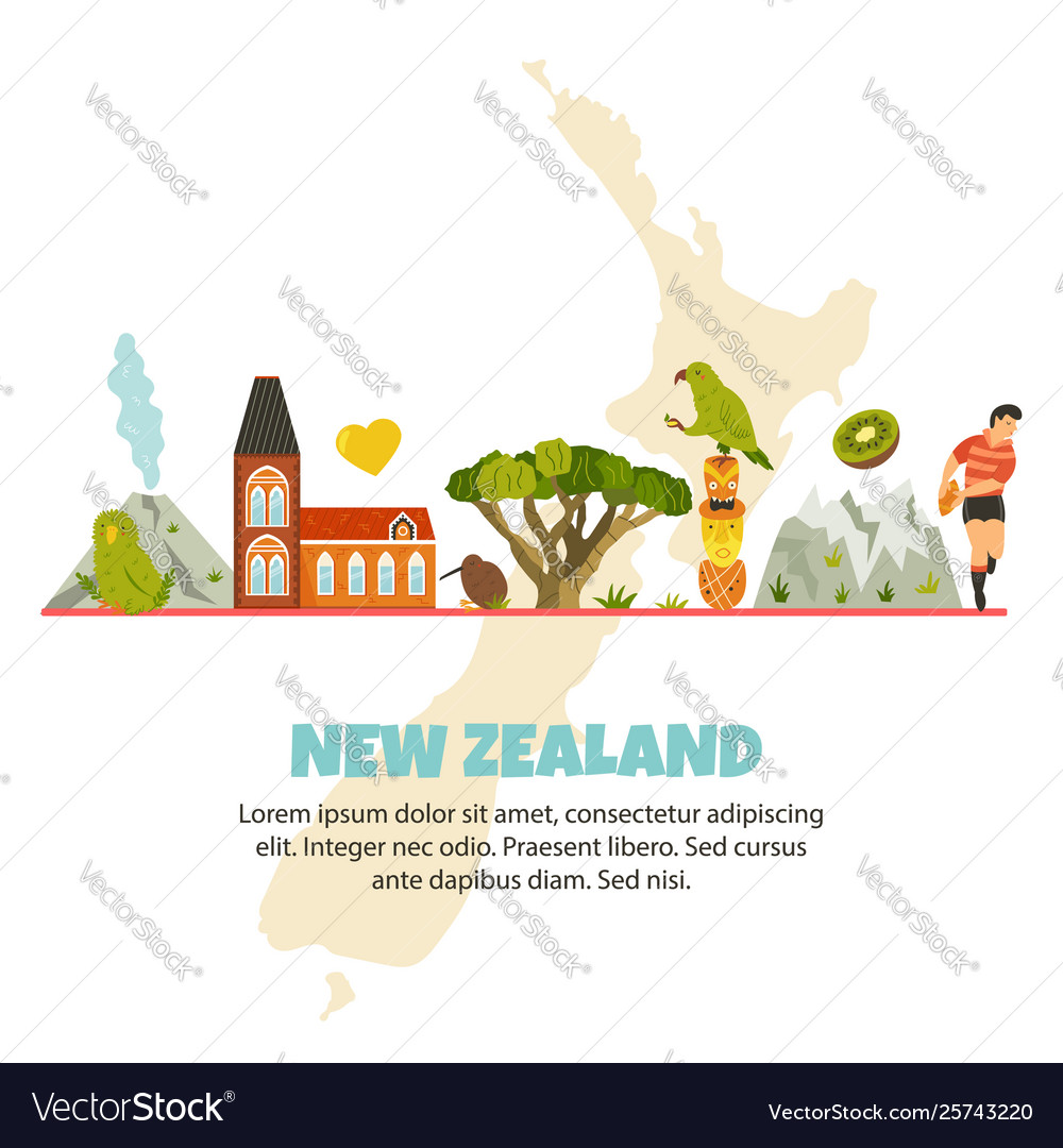 Neue Zealand Poster mit Symbolen Wahrzeichen