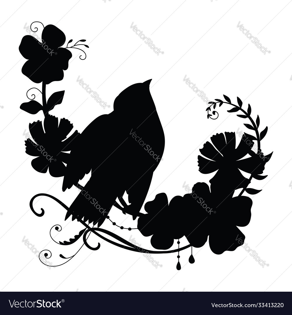 Silhouette funny bird and flower composition