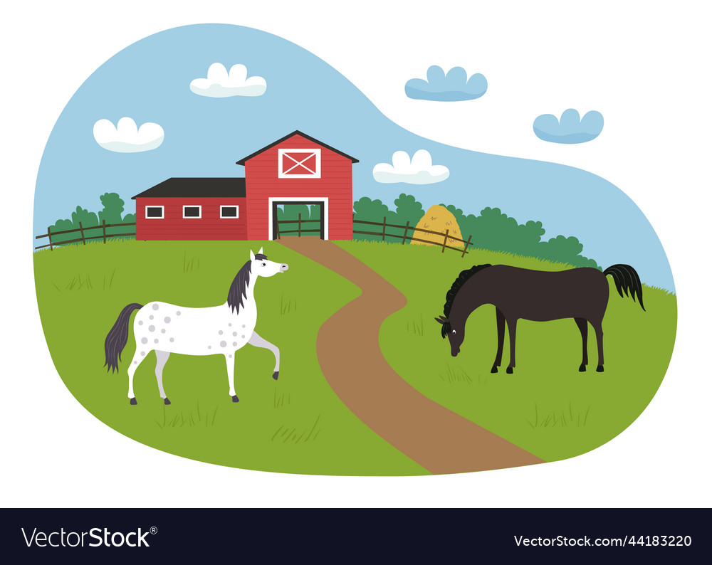 White and brown horses graze in the pasture next Vector Image