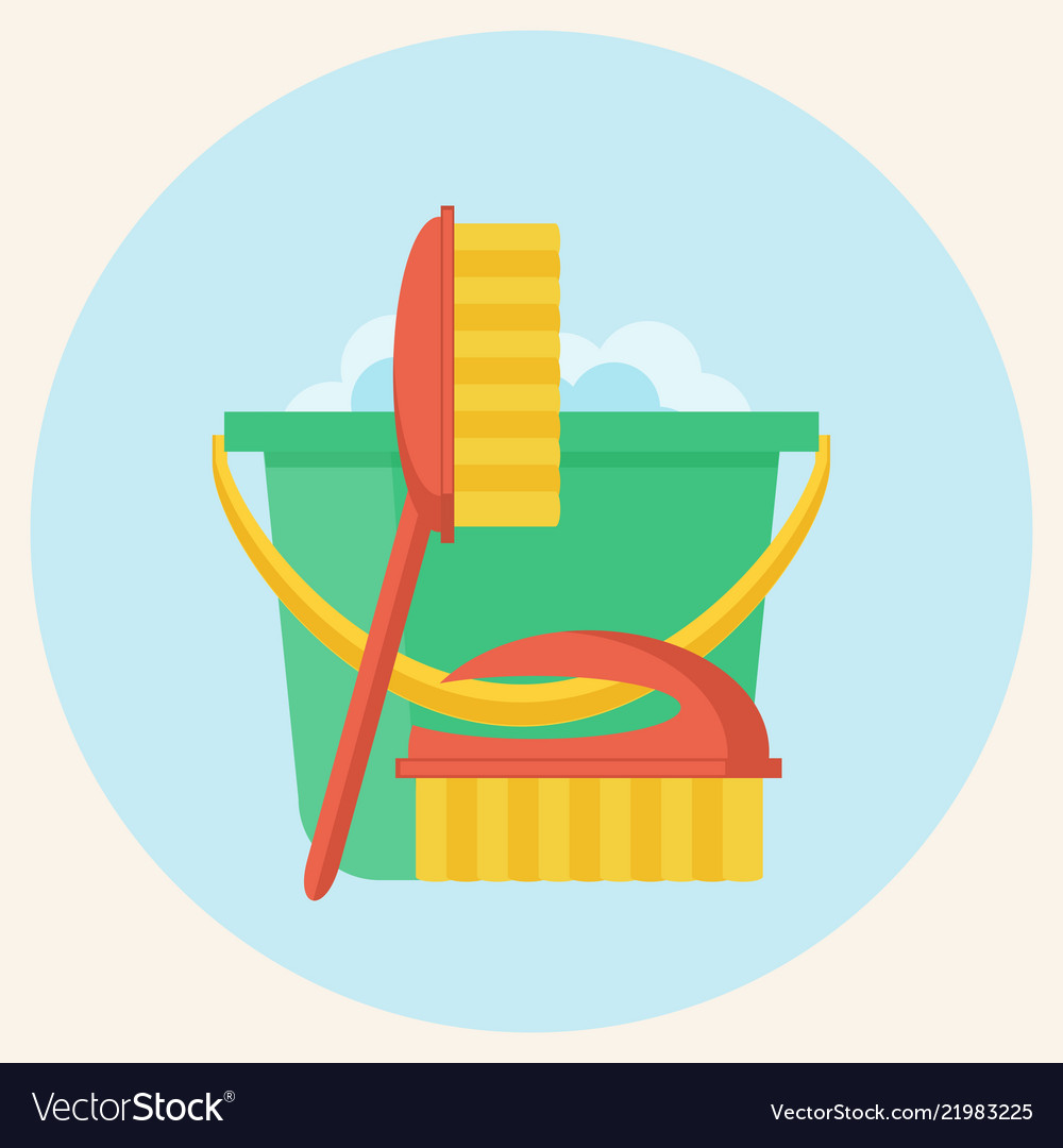 Brush and plastic bucket with soap suds isolated Vector Image