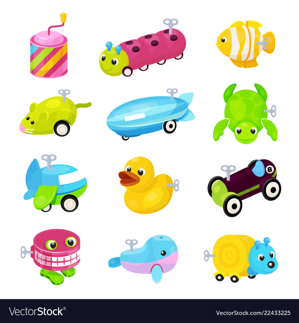 Clockwork bright mechanic children tin toys set vector image Clockwork bright mechanic children tin toys set