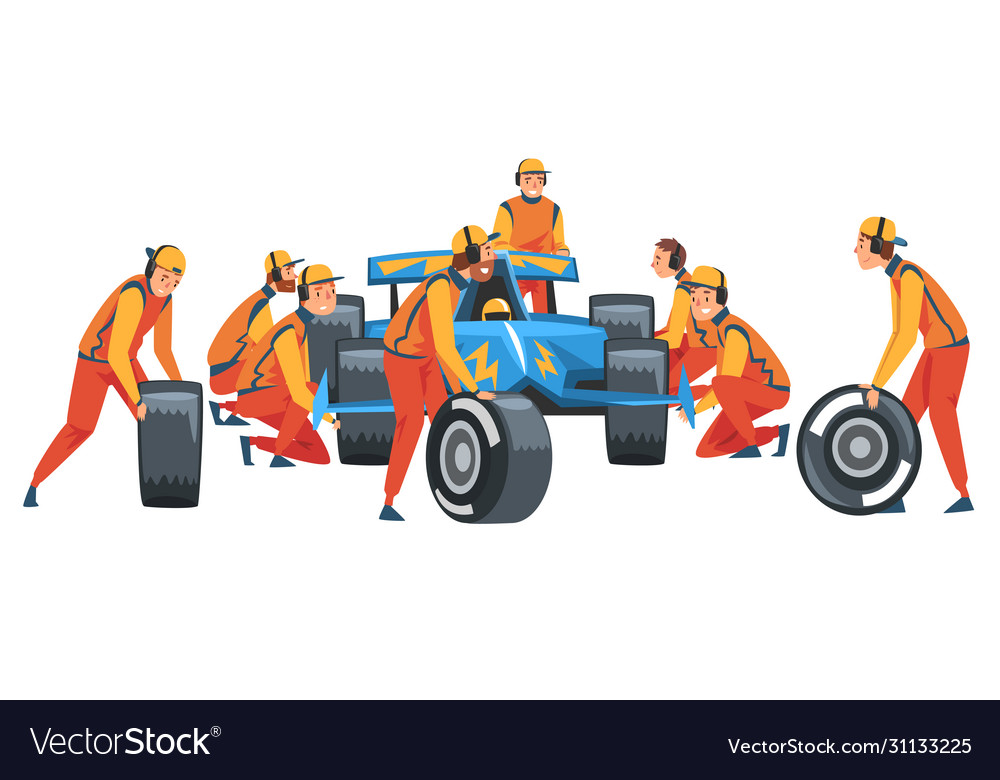 Pit stop crew members in uniform changing tire