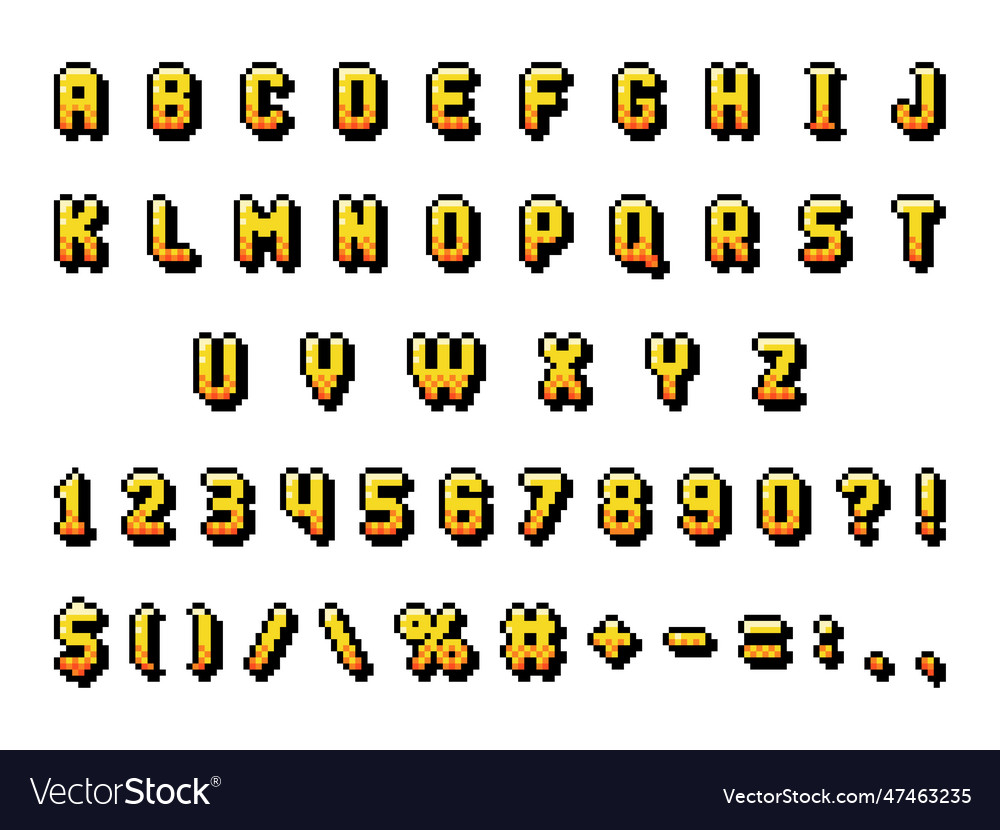 Pixel 8 Bit Schriftart und Alphabet Buchstaben Zahlen