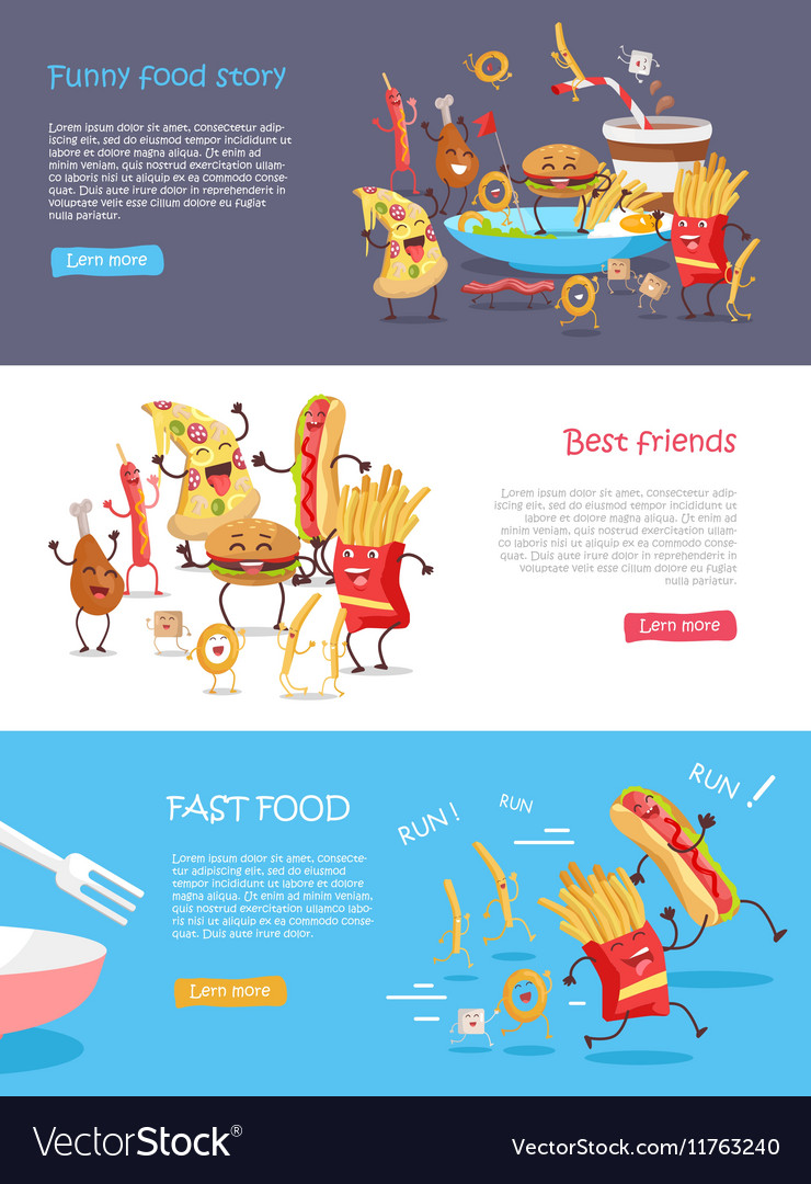 Fast food cartoon characters banner set Royalty Free Vector Fast food cartoon characters banner set Royalty Free Vector