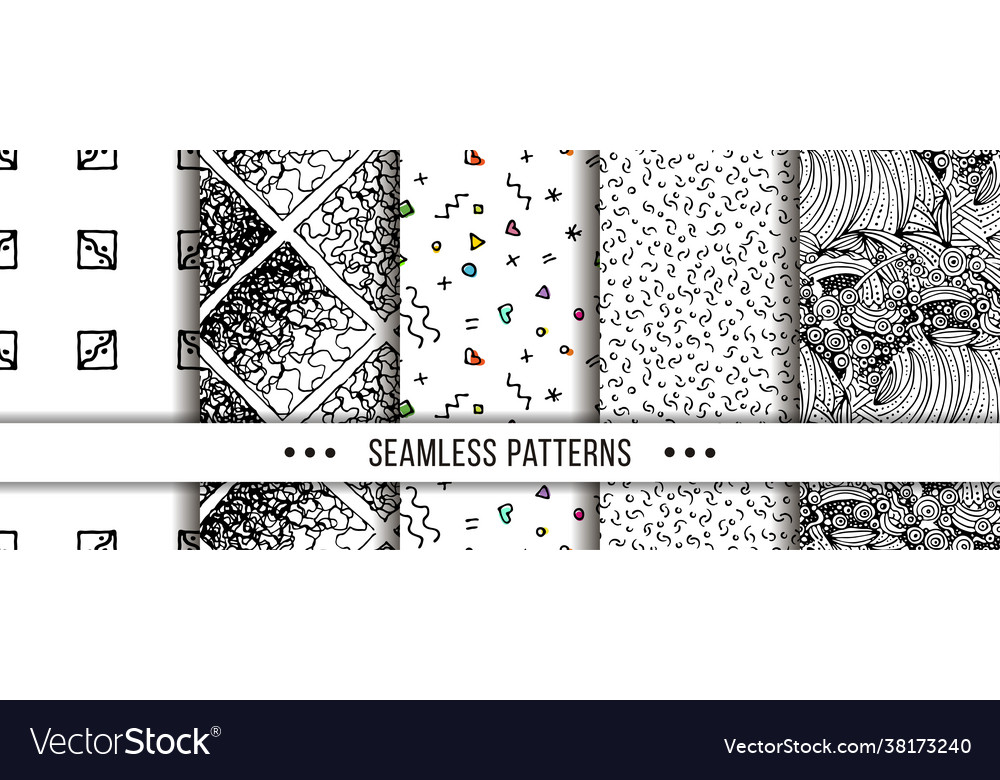 Set seamless patterns with hand-drawn elements