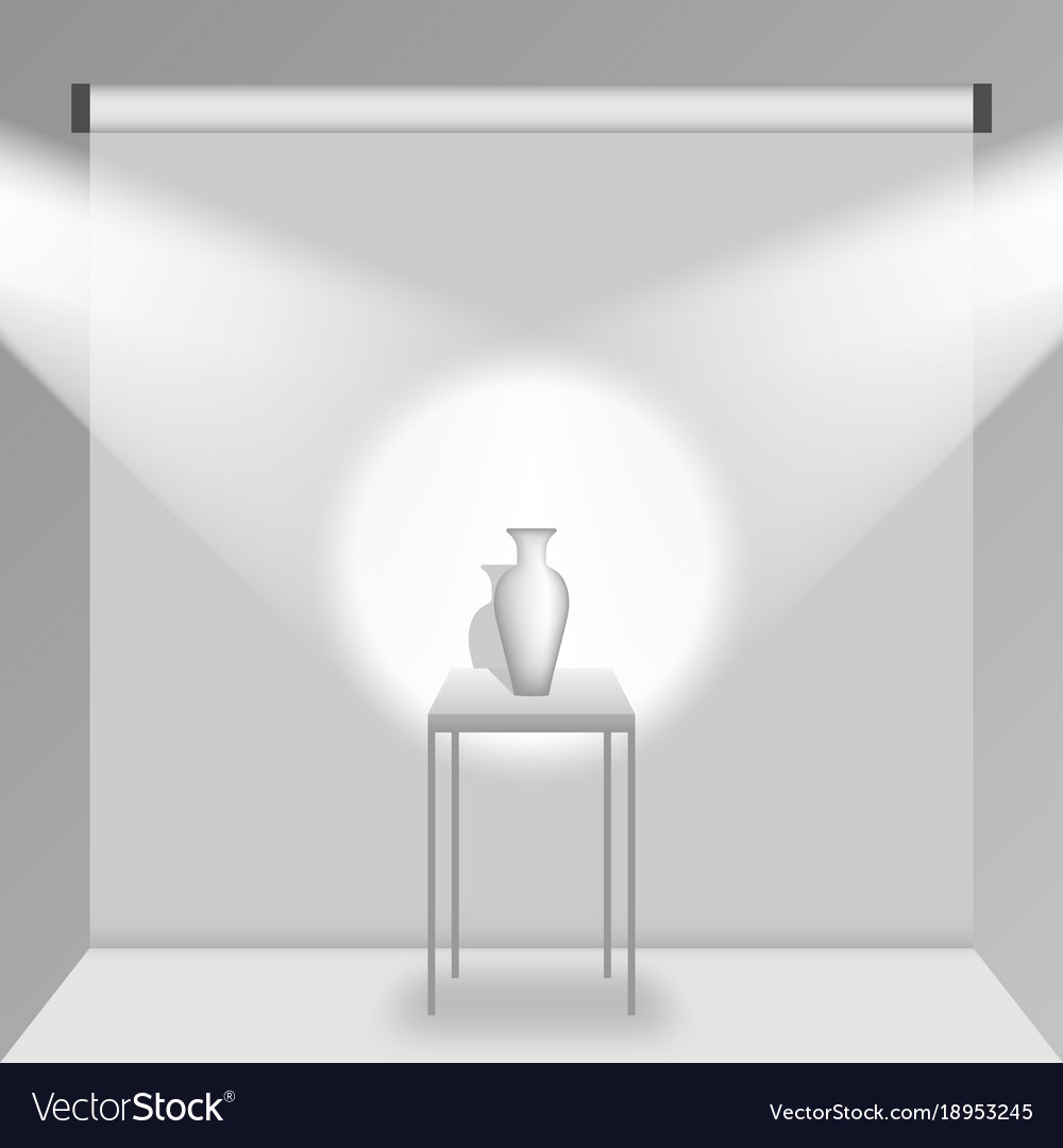 A Table With A Vase In A White Photo Studio Vector Image