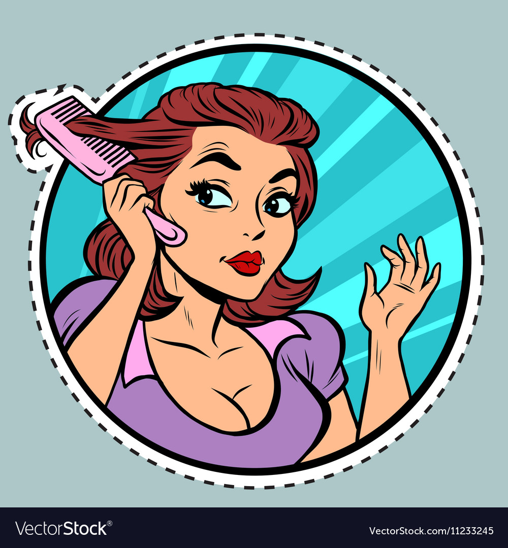 Comic young woman combing hair comb