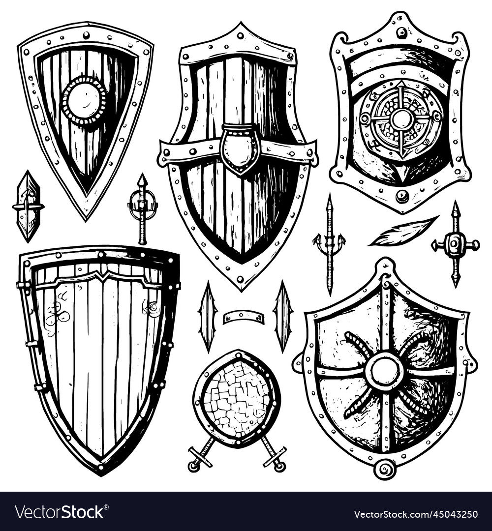 Hand drawn medieval shields set