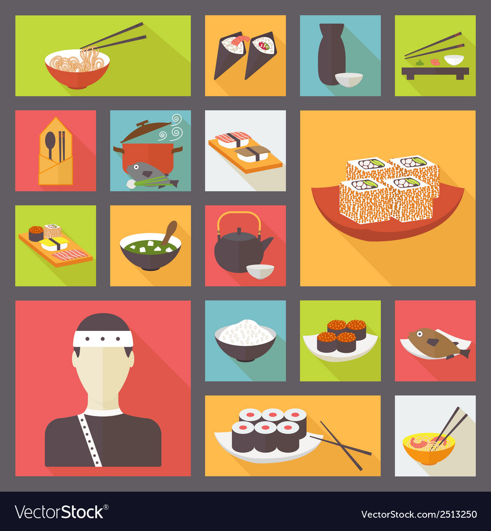 Japanese cuisine food icons set flat design