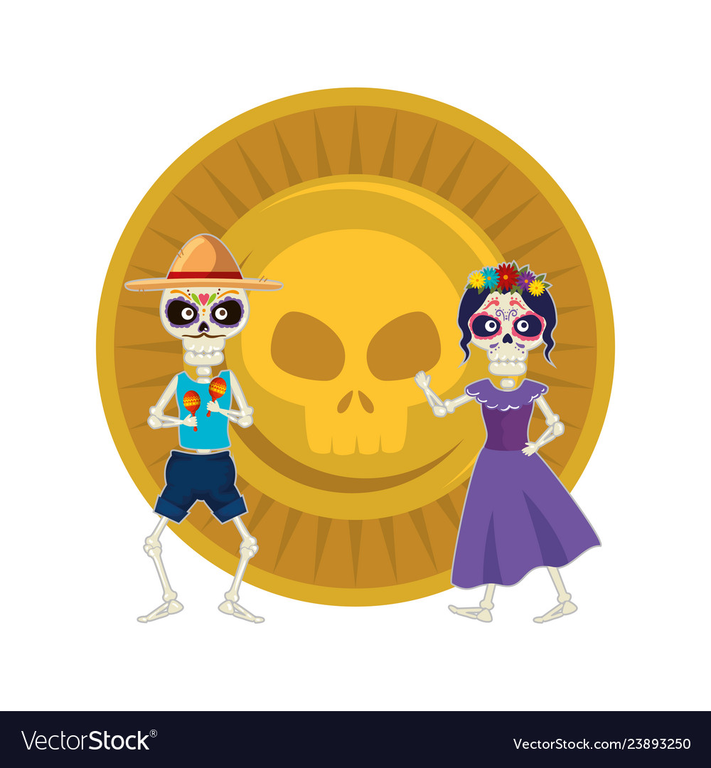 Skeleton of katrina and mariachi with skull coin