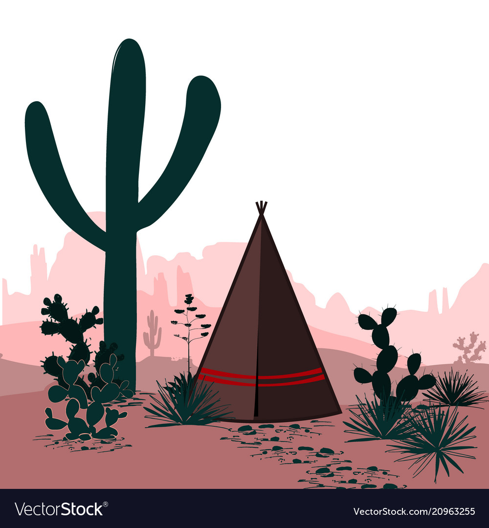 Banner With Desert Tepee Cactus Silhouetted Vector Image