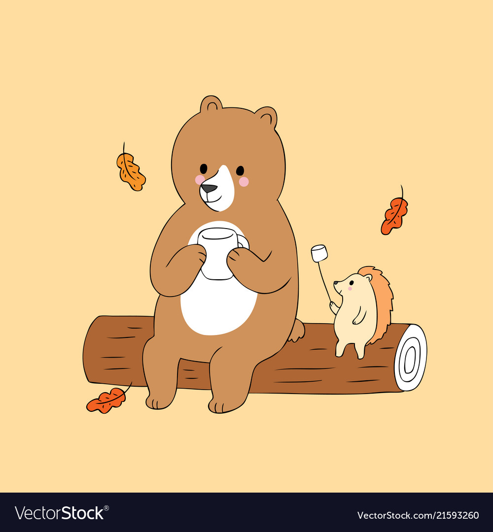 Cartoon cute autumn bear and hedgehog camping vect